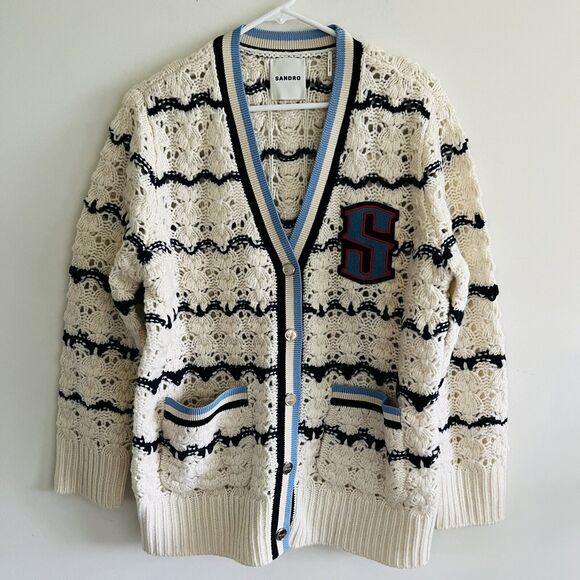 SANDRO Ecru / Bleu Coatigan With Patch - 1 (Small) - Picture 1 of 7